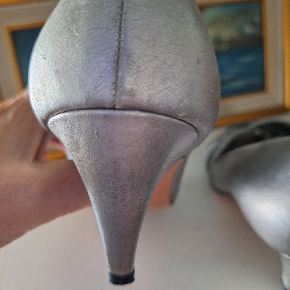 Versani Heels Silver with Mesh Peep Toe Vintage Size 9, Made in Italy - Picture 6 of 14